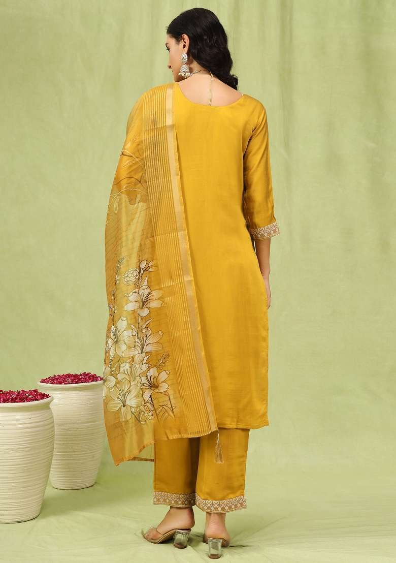 Mustard Yellow Embroidered Viscose Straight Kurta Set - Indya