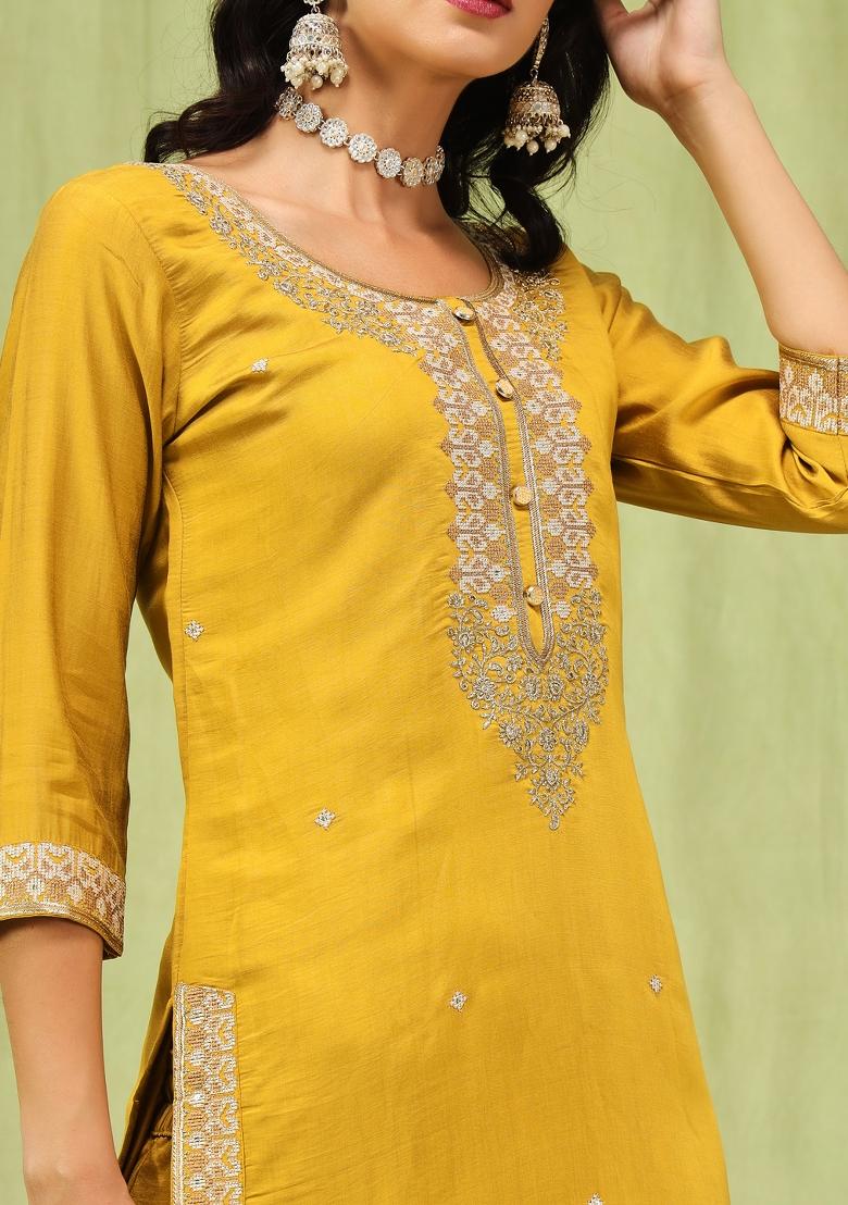 Mustard Yellow Embroidered Viscose Salwar Kameez With Dupatta
