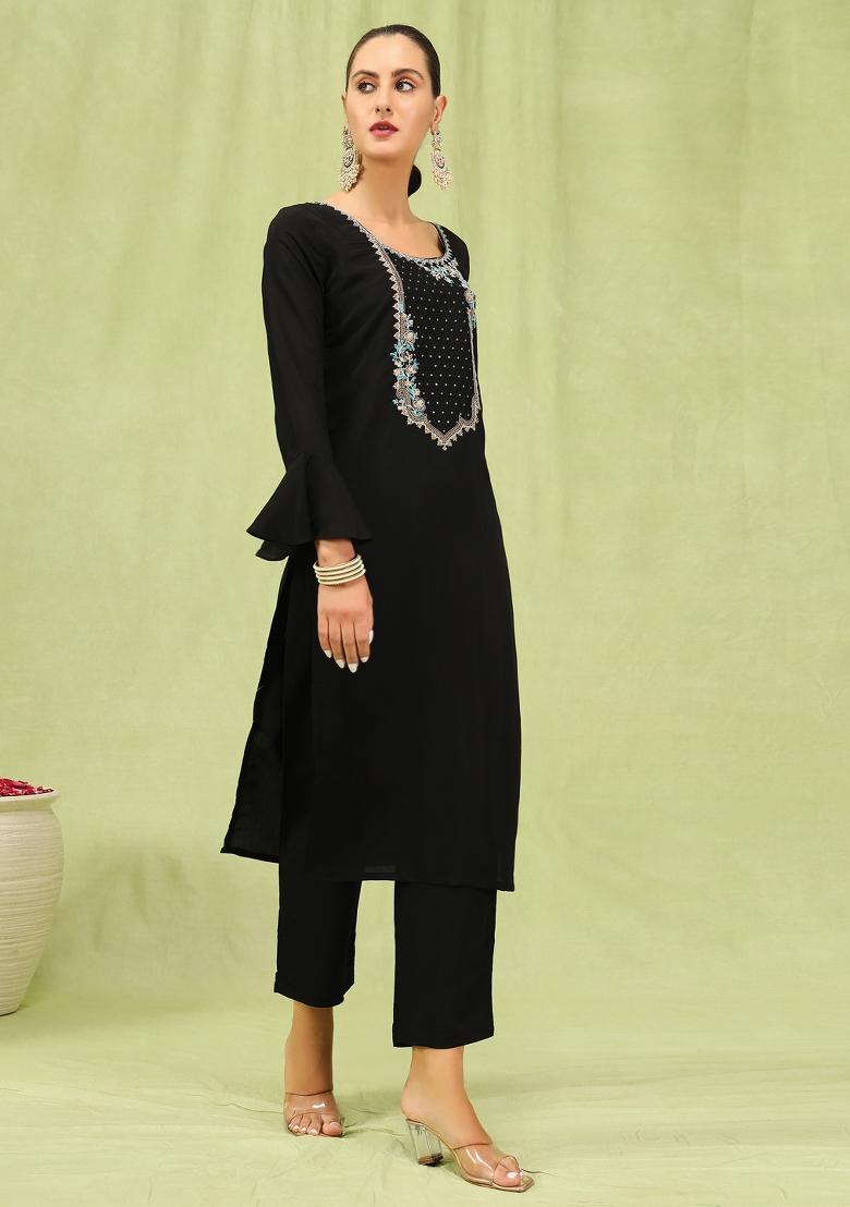 Black Embroidered Viscose Salwar Kameez With Dupatta