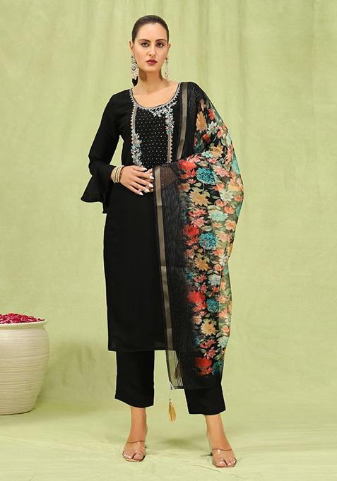 Black Embroidered Viscose Salwar Kameez With Dupatta