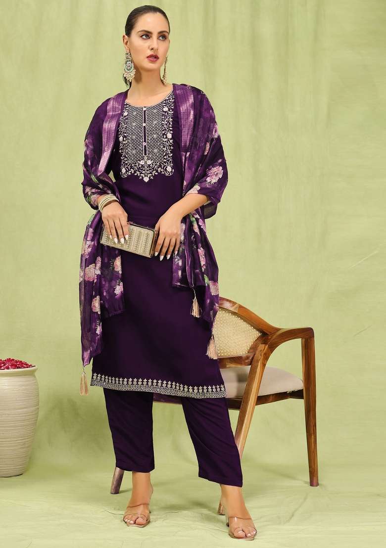 Purple Embroidered Viscose Straight Kurta Set - Indya
