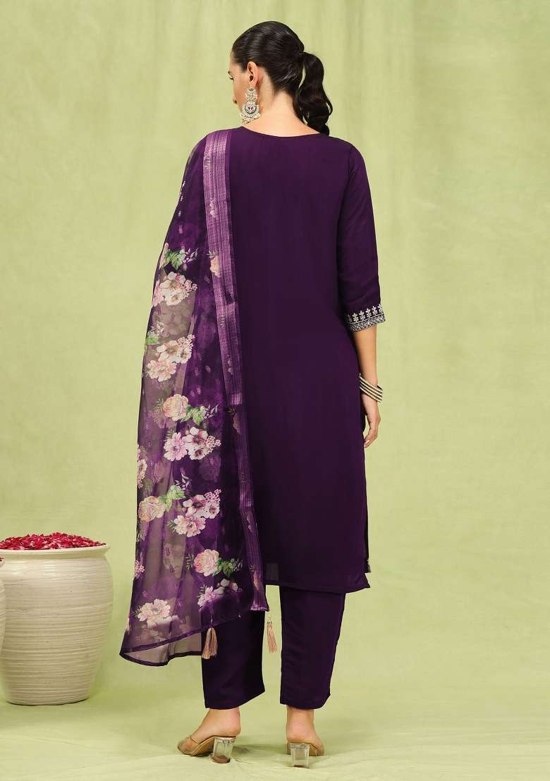 Purple Embroidered Viscose Straight Kurta Set - Indya