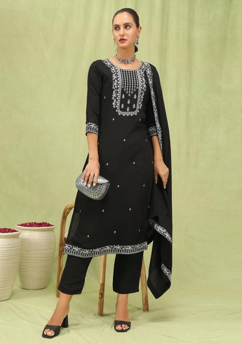 Black Embroidered Viscose Salwar Kameez With Dupatta