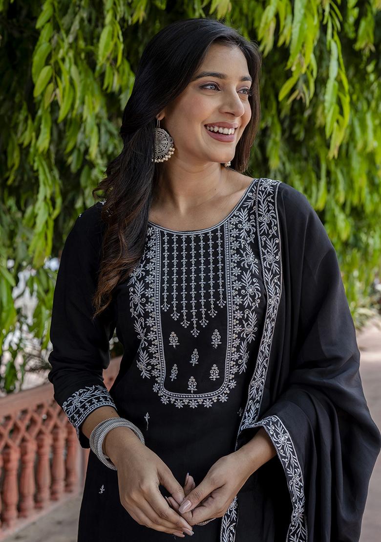 Black Embroidered Viscose Salwar Kameez With Dupatta