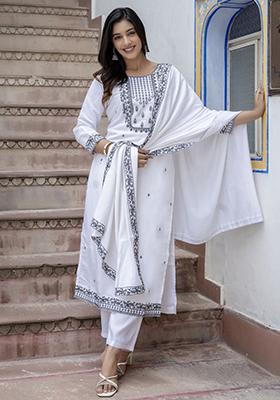White Embroidered Viscose Salwar Kameez With Dupatta