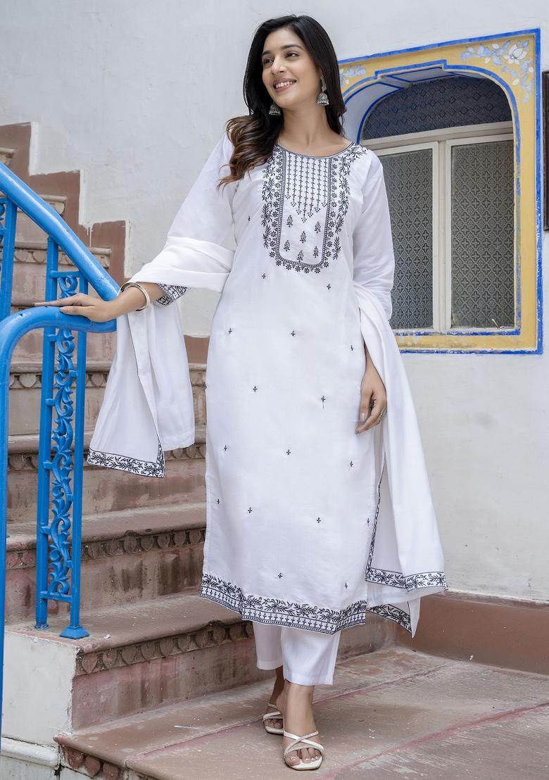 White Embroidered Viscose Salwar Kameez With Dupatta