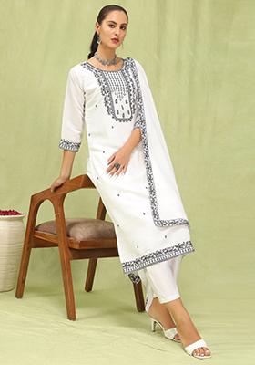 White Embroidered Viscose Salwar Kameez With Dupatta