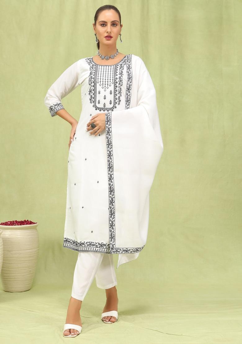 White Embroidered Viscose Salwar Kameez With Dupatta