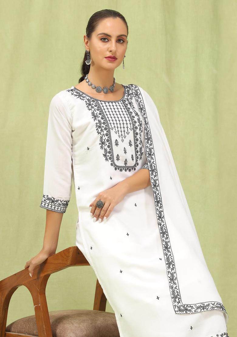 White Embroidered Viscose Salwar Kameez With Dupatta