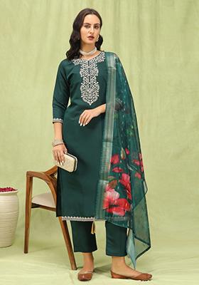 Green Embroidered Viscose Salwar Kameez With Dupatta