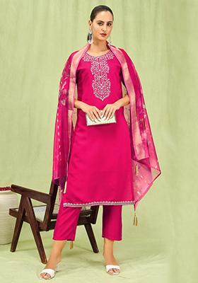 Pink Embroidered Viscose Salwar Kameez With Dupatta