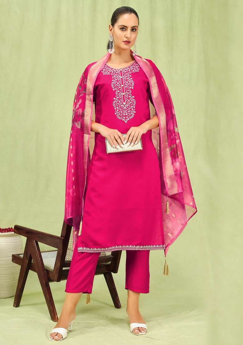Pink Embroidered Viscose Straight Kurta Set - Indya