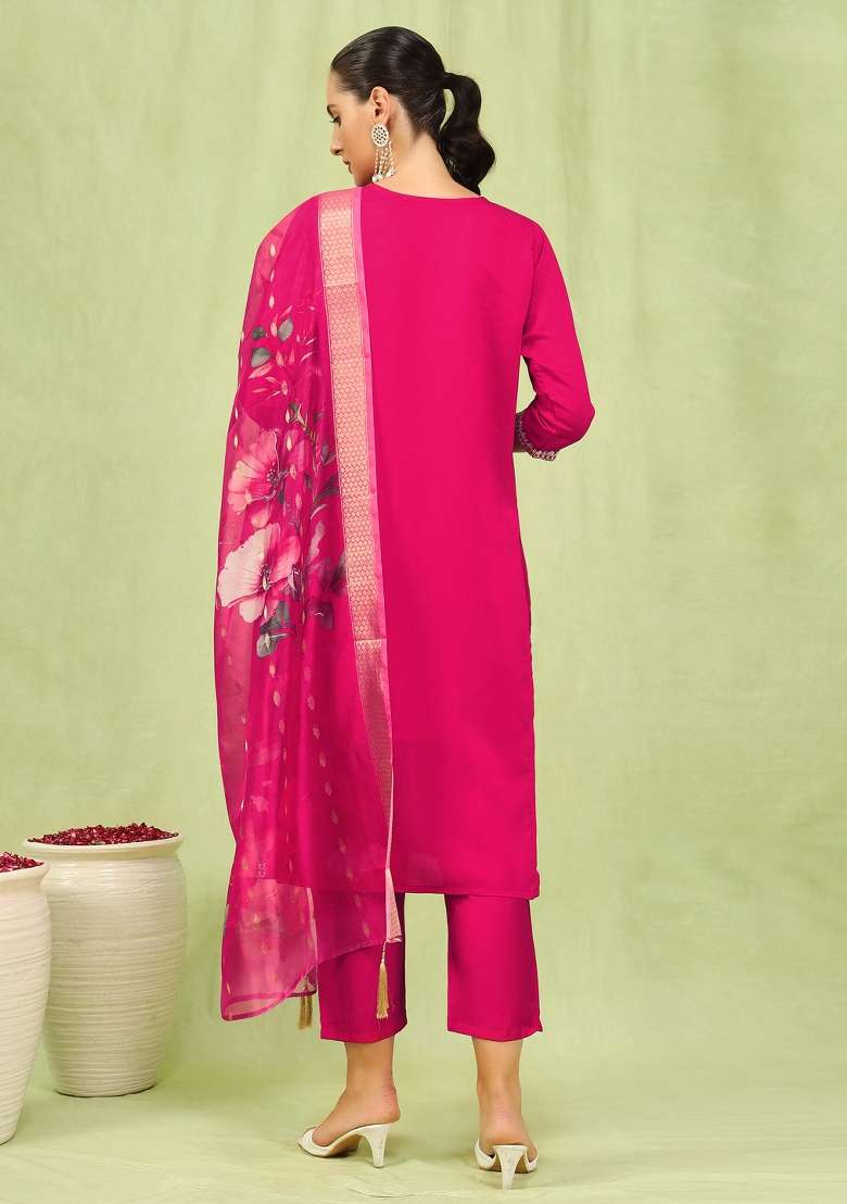 Pink Embroidered Viscose Straight Kurta Set - Indya