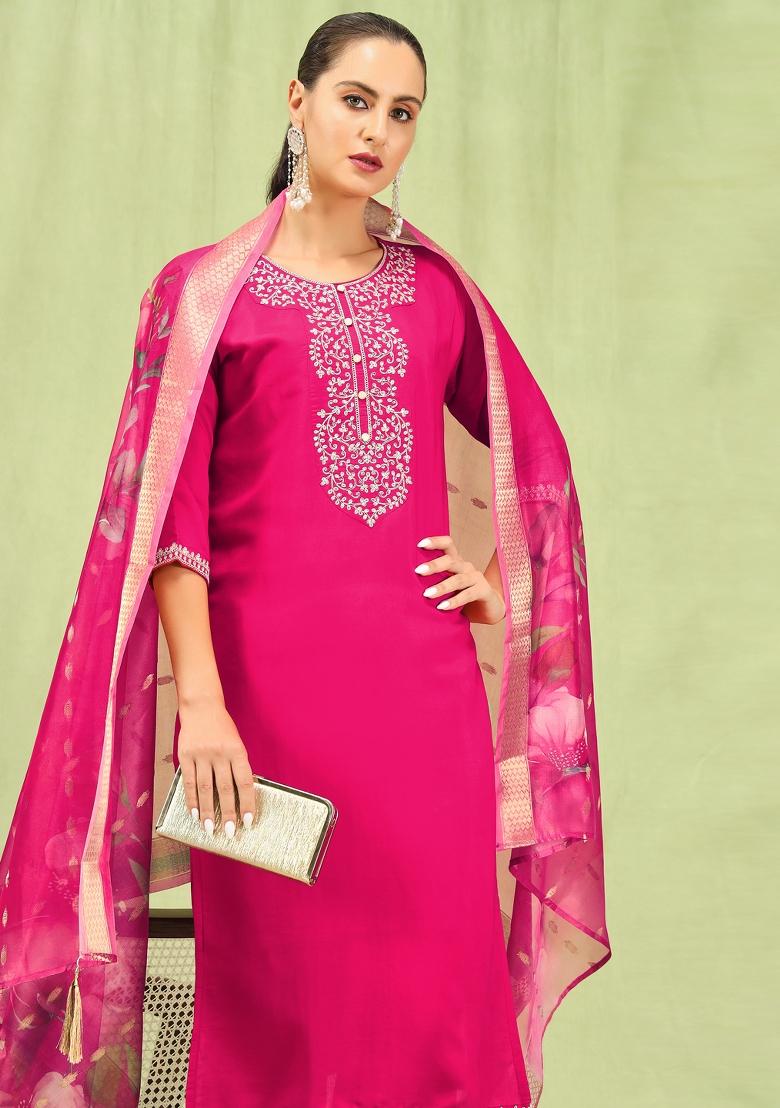 Pink Embroidered Viscose Salwar Kameez With Dupatta
