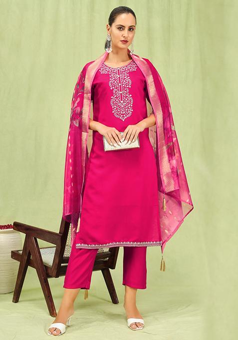Pink Embroidered Viscose Salwar Kameez With Dupatta