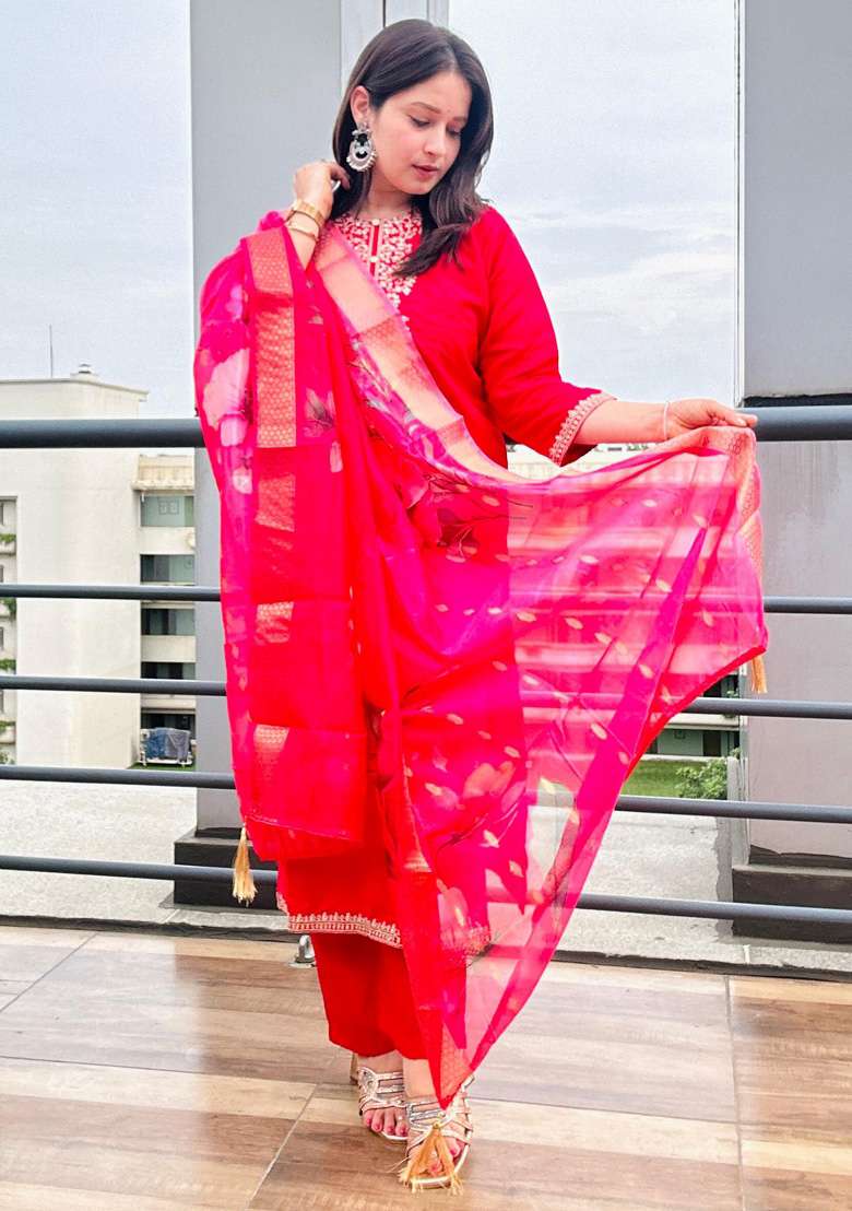 Pink Embroidered Viscose Straight Kurta Set - Indya