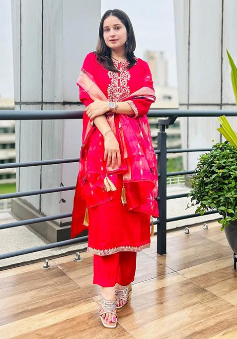 Pink Embroidered Viscose Salwar Kameez With Dupatta