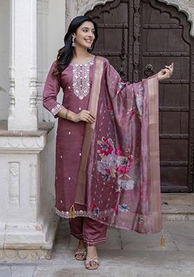 Purple Embroidered Viscose Salwar Kameez With Dupatta
