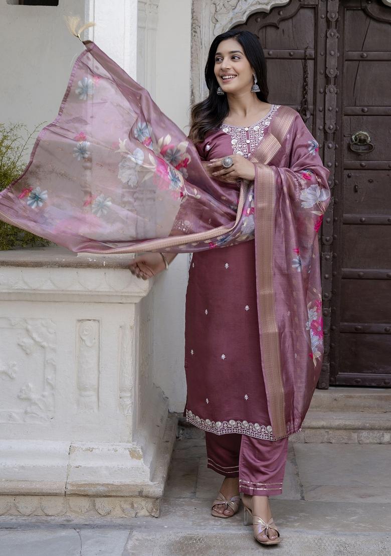 Purple Embroidered Viscose Salwar Kameez With Dupatta
