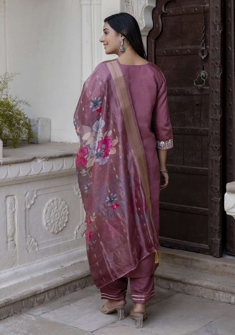 Purple Embroidered Viscose Straight Kurta Set - Indya