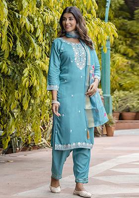 Teal Blue Embroidered Viscose Salwar Kameez With Dupatta