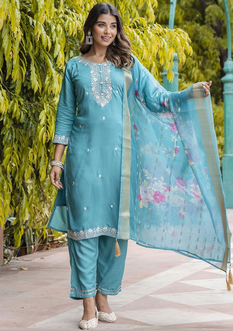 Teal Blue Embroidered Viscose Salwar Kameez With Dupatta