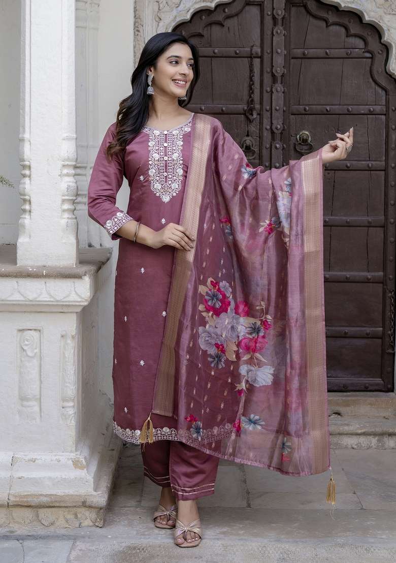 Purple Embroidered Viscose Straight Kurta Set - Indya