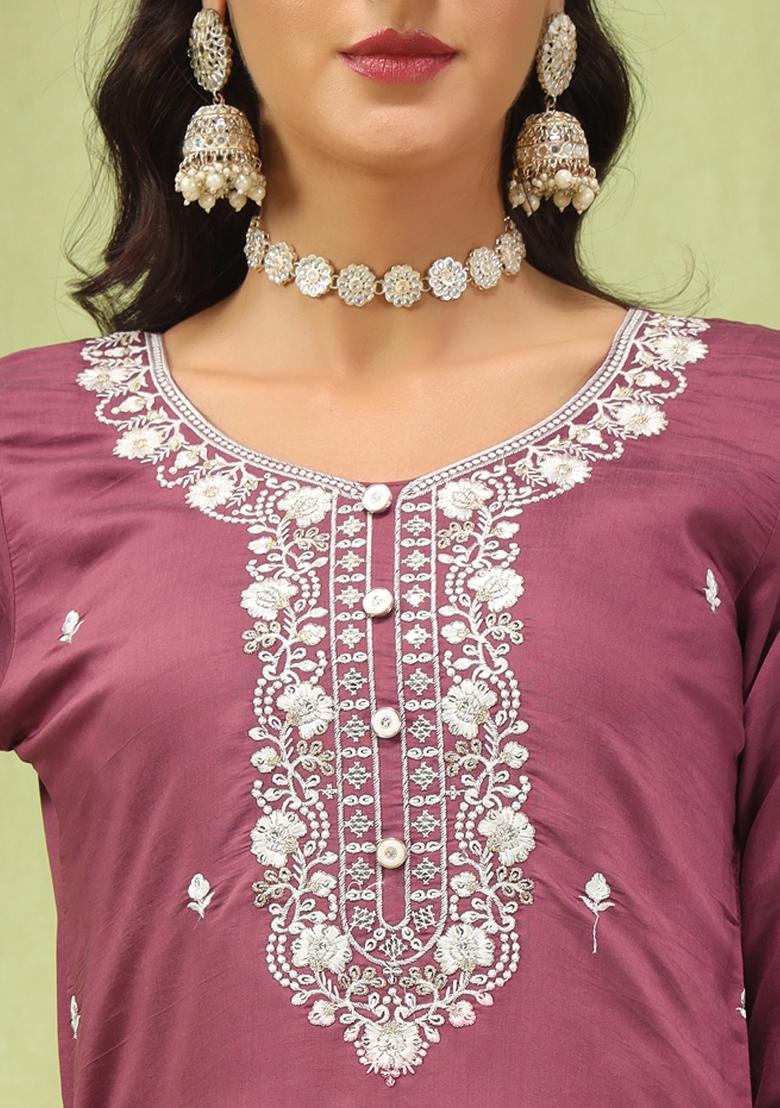 Purple Embroidered Viscose Salwar Kameez With Dupatta