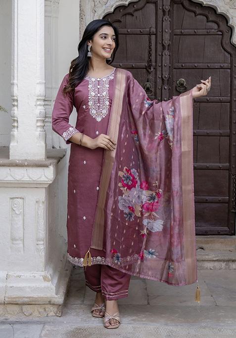 Purple Embroidered Viscose Salwar Kameez With Dupatta