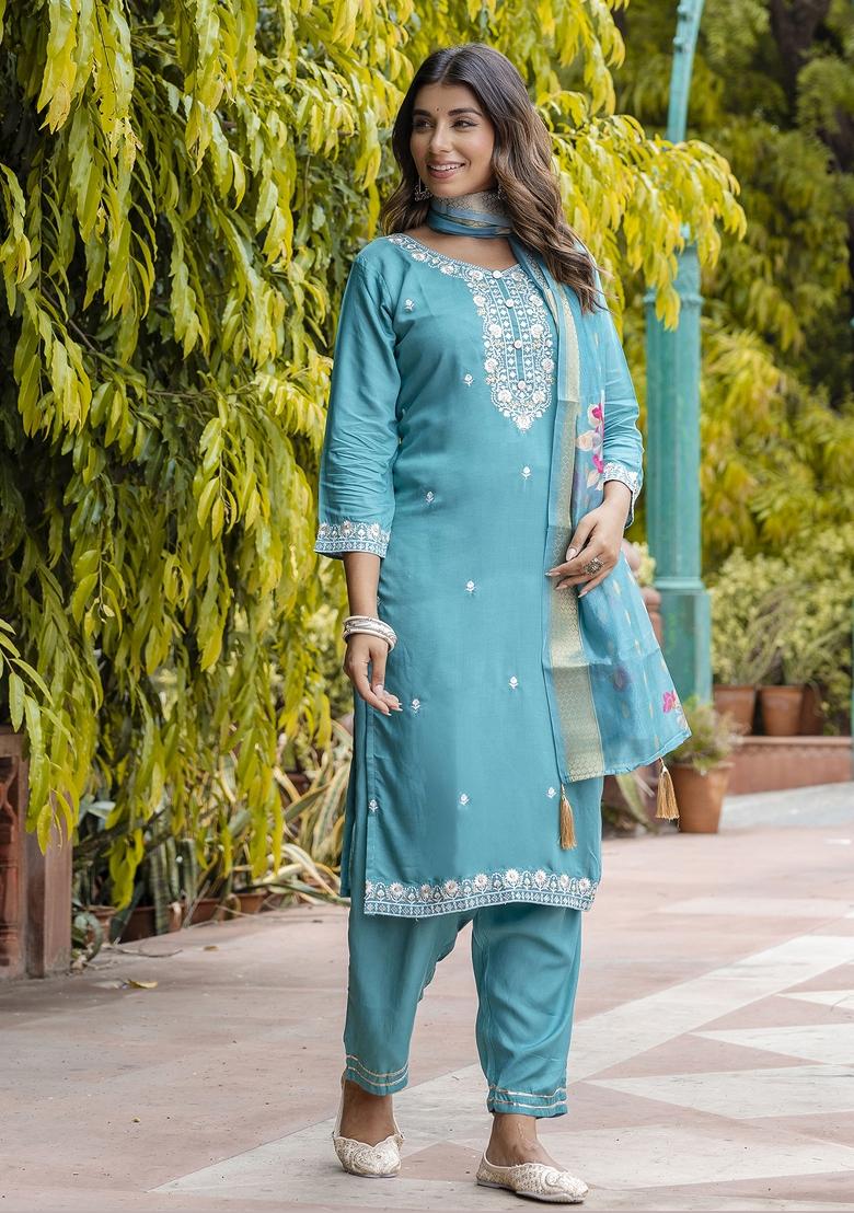 Teal Blue Embroidered Viscose Salwar Kameez With Dupatta