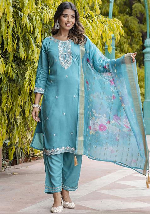 Teal Blue Embroidered Viscose Salwar Kameez With Dupatta