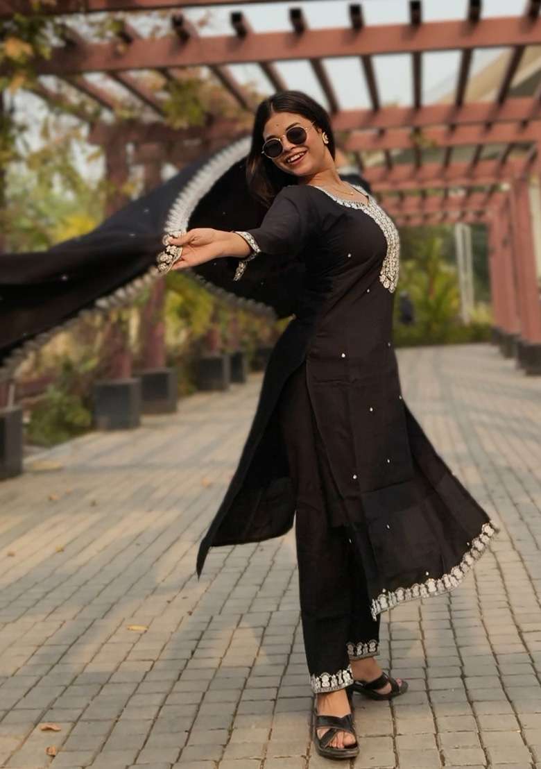 Black Embroidered Viscose A Line Kurta Set - Indya
