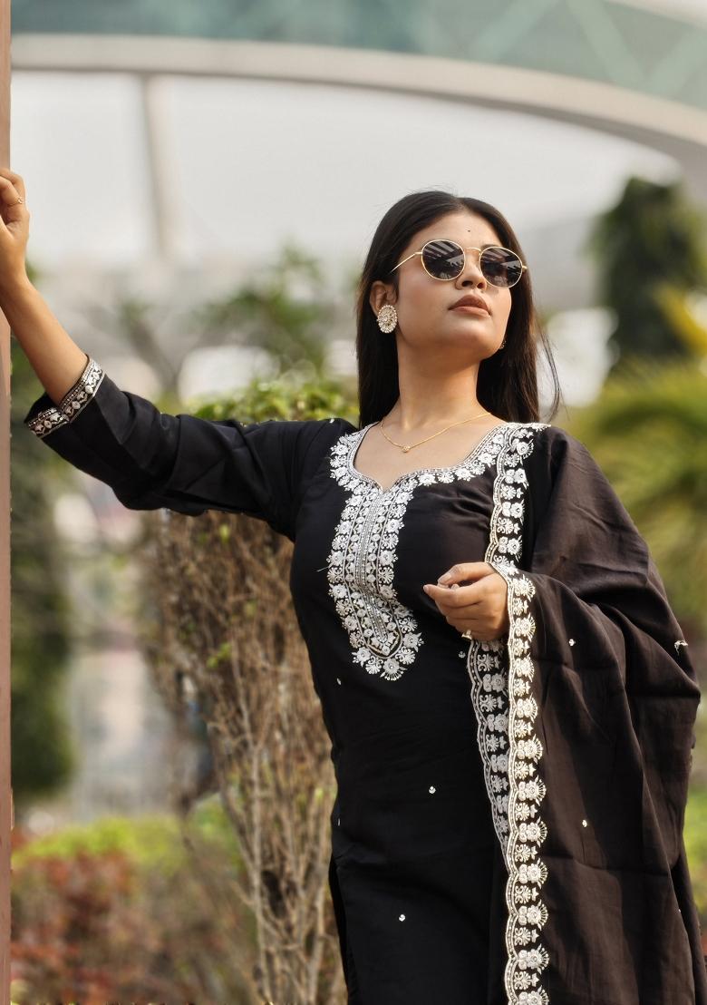 Black Embroidered Viscose Salwar Kameez With Dupatta