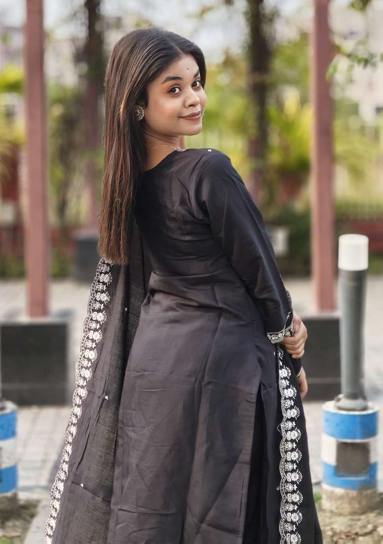 Black Embroidered Viscose A Line Kurta Set - Indya