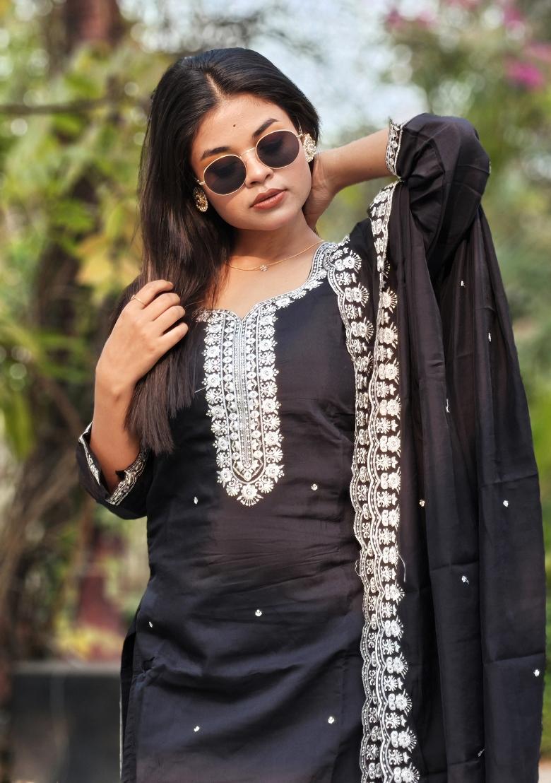 Black Embroidered Viscose Salwar Kameez With Dupatta