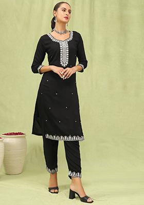 Black Embroidered Viscose Salwar Kameez With Dupatta