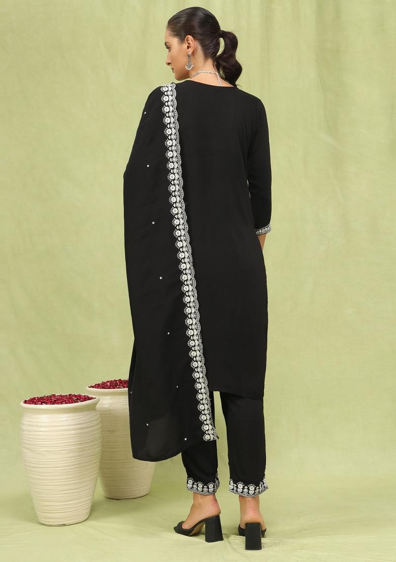 Black Embroidered Viscose Salwar Kameez With Dupatta