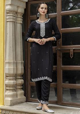 Black Embroidered Viscose Salwar Kameez With Dupatta