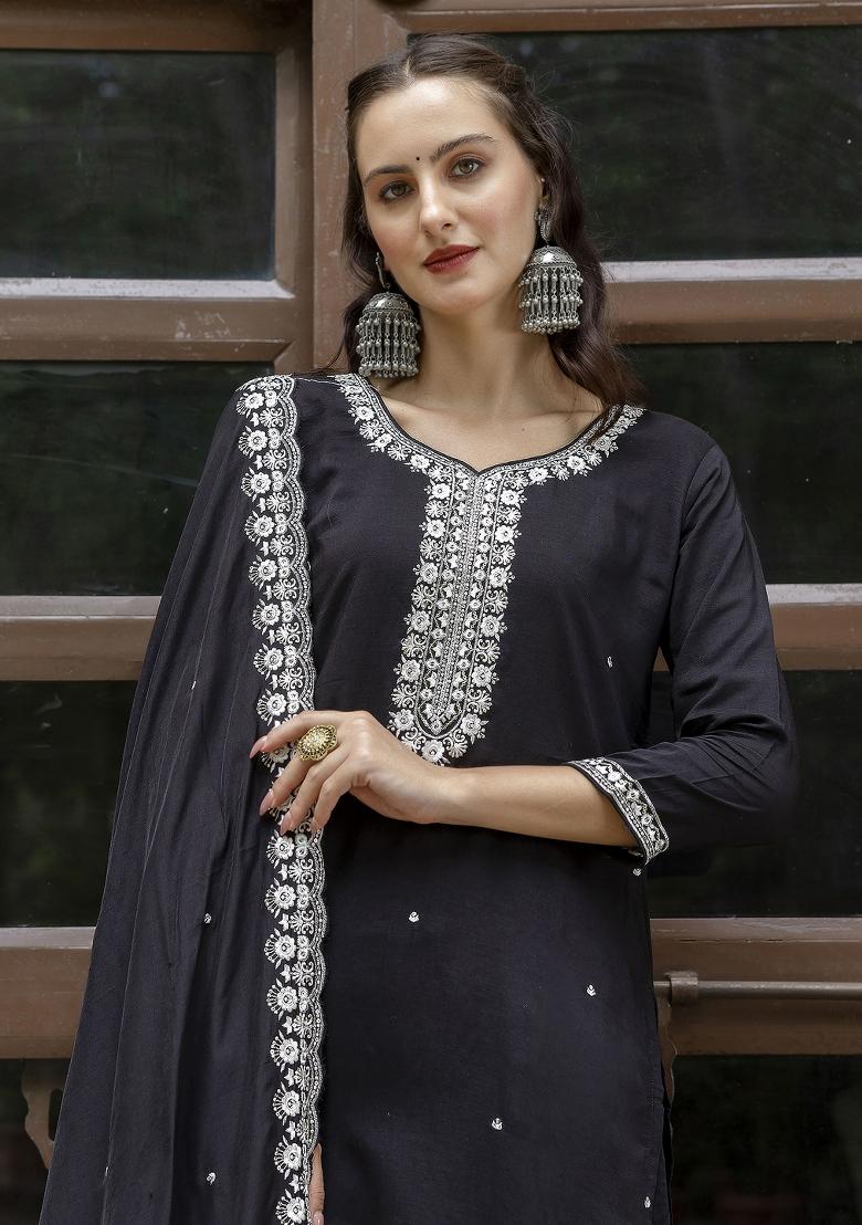 Black Embroidered Viscose Salwar Kameez With Dupatta