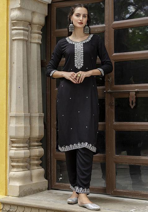 Black Embroidered Viscose Salwar Kameez With Dupatta