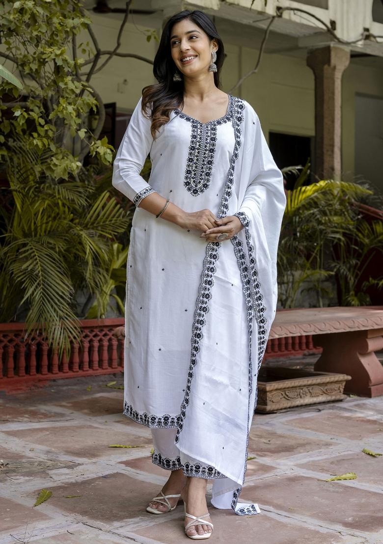 White Embroidered Viscose Salwar Kameez With Dupatta