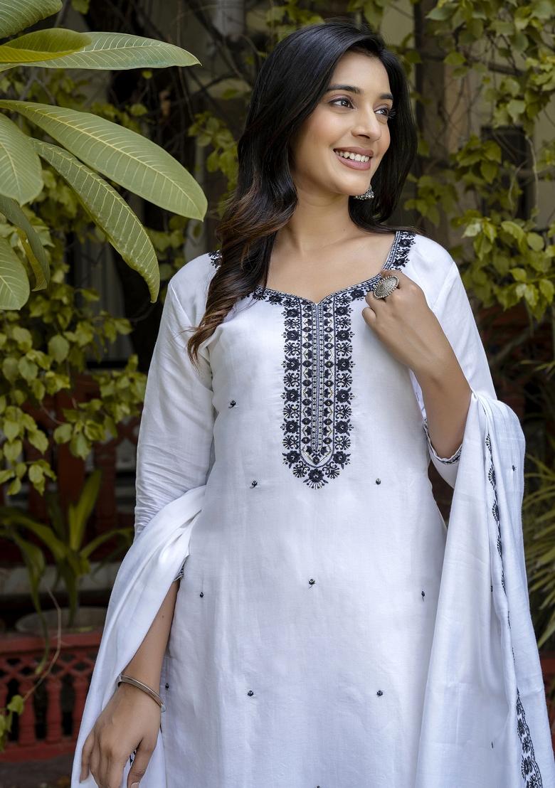 White Embroidered Viscose Salwar Kameez With Dupatta