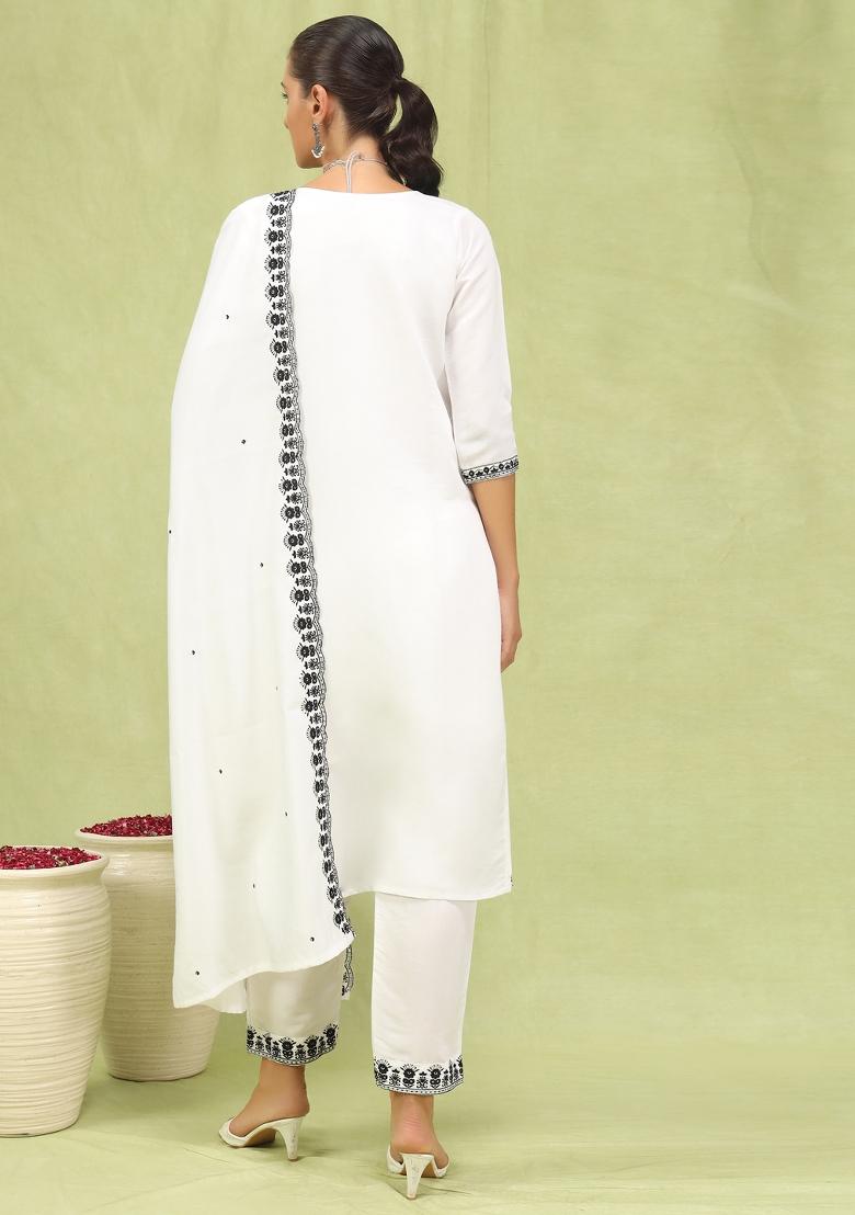 White Embroidered Viscose Salwar Kameez With Dupatta