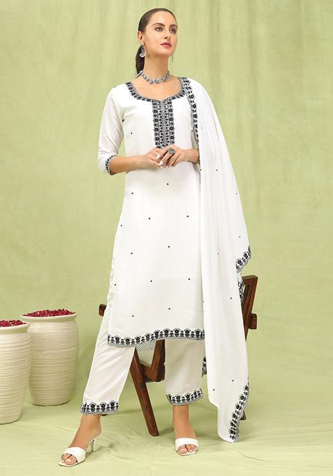 White Embroidered Viscose Salwar Kameez With Dupatta