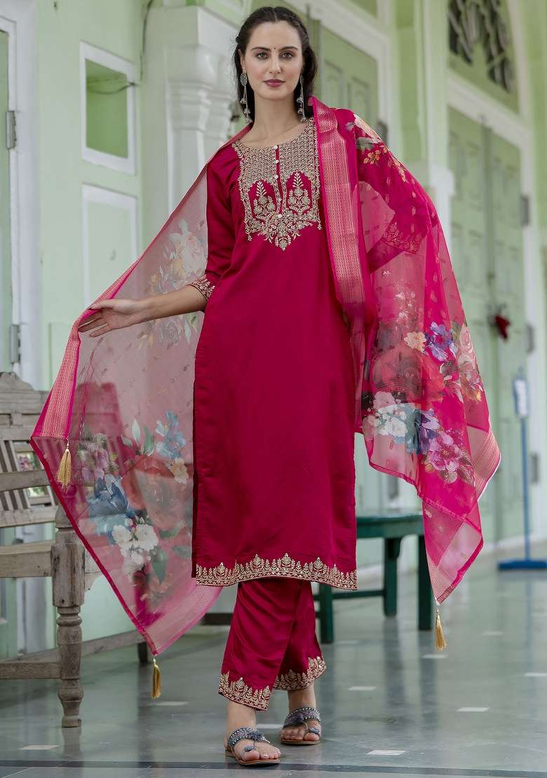 Pink Embroidered Viscose Straight Kurta Set - Indya