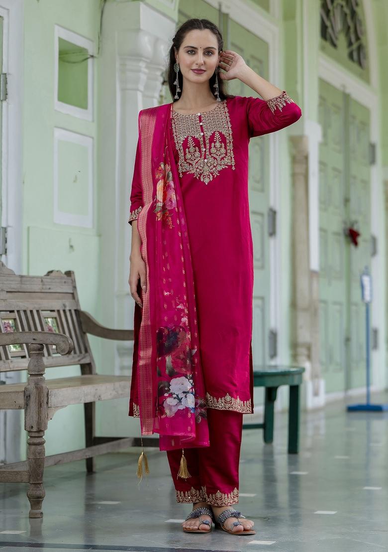 Pink Embroidered Viscose Salwar Kameez With Dupatta