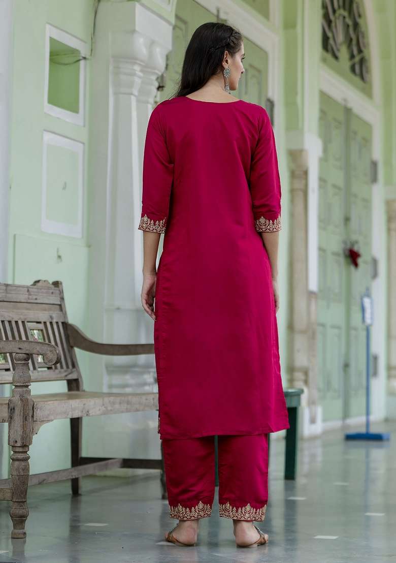 Pink Embroidered Viscose Straight Kurta Set - Indya