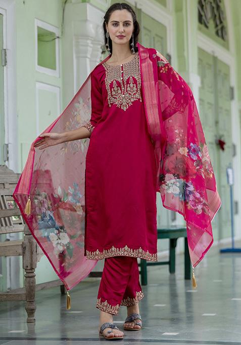 Pink Embroidered Viscose Salwar Kameez With Dupatta