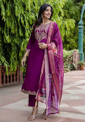 Purple Embroidered Viscose Salwar Kameez With Dupatta