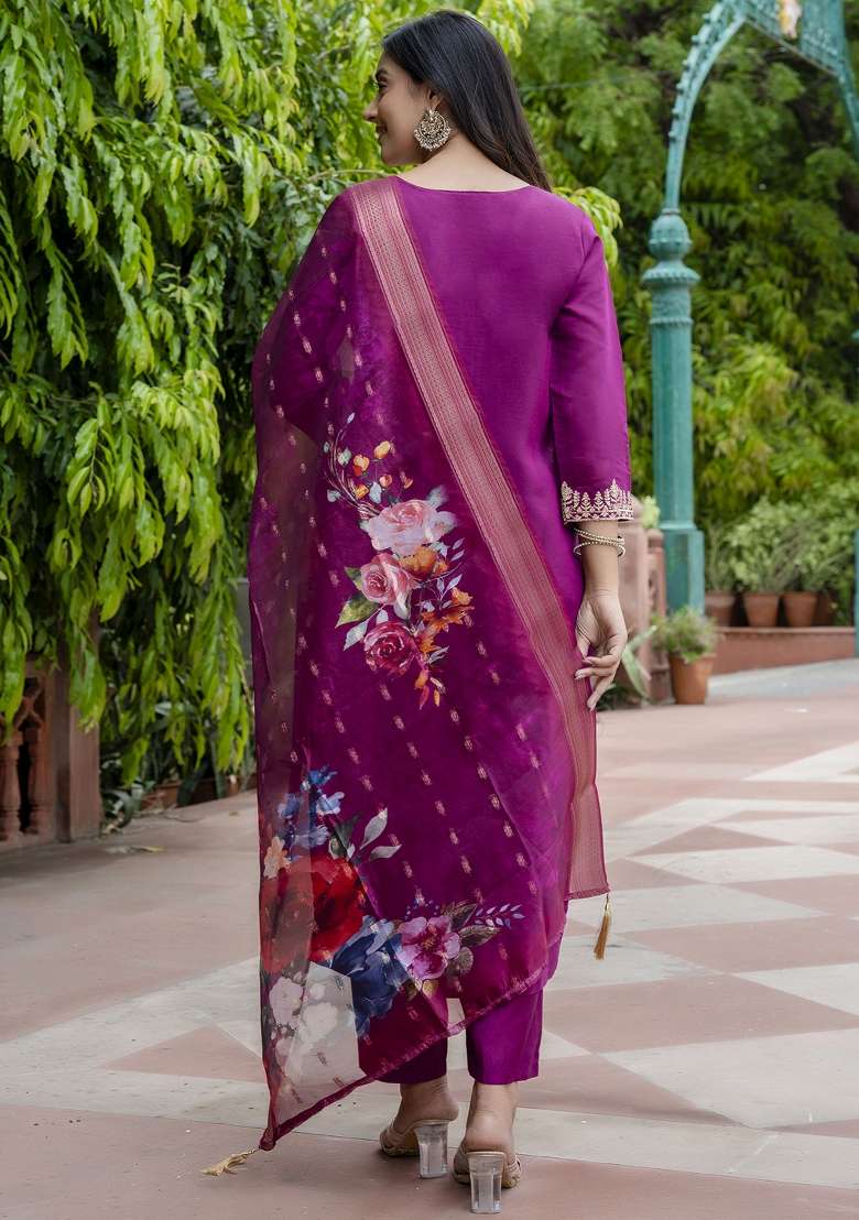 Purple Embroidered Viscose Straight Kurta Set - Indya